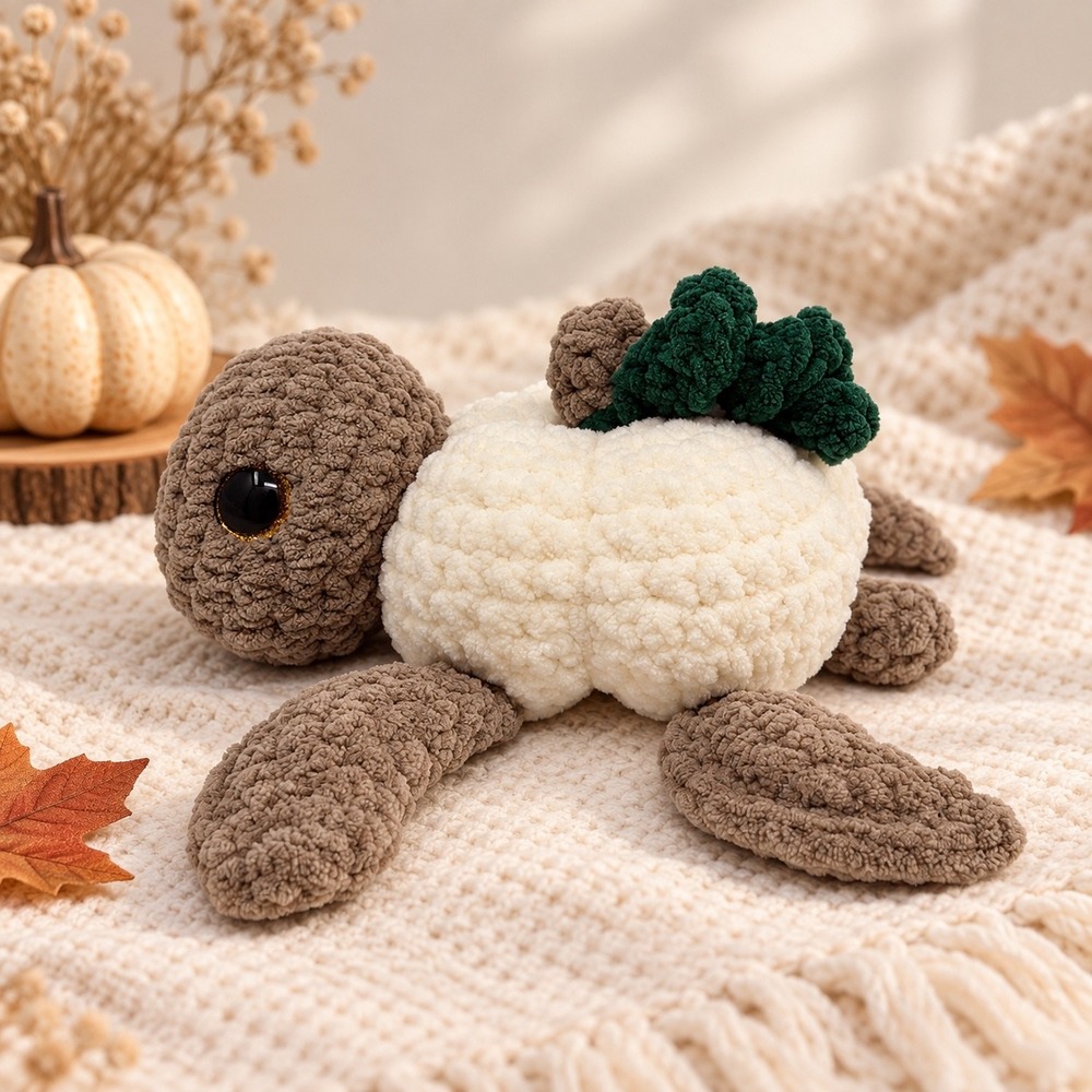 Handmade Crochet Pumpkin Turtle Plush Cream Fall Thanksgiving Decor